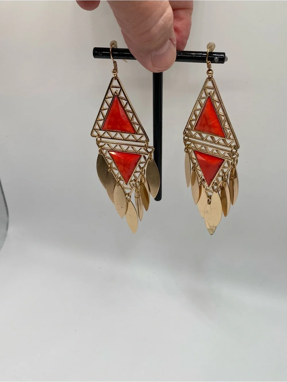 Bohemian Gold-Tone Red Triangle Dangle Earrings